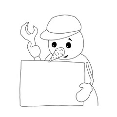 The outline of the snowman in a cap and mittens with a wrench and a nameplate