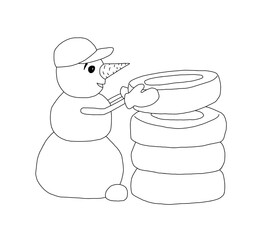 The outline of the snowman in a cap and mittens holding four car tyres