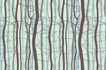 Forest Branches light green sky pattern. Fog in the morning spring, winter bare trees illustration. fashion textile background nature eco concept