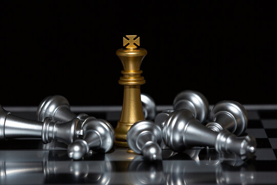 Golden king chess leadership concept, Business idea chess board success with background.