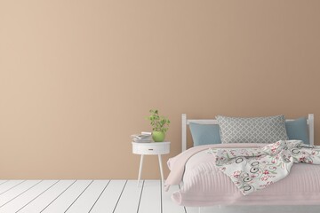 Colorful bedroom interior. Scandinavian design. 3D illustration