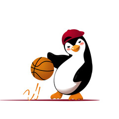 Cartoon penguin doing sports outside. Basketball player. Vector Illustration isolated on white background.