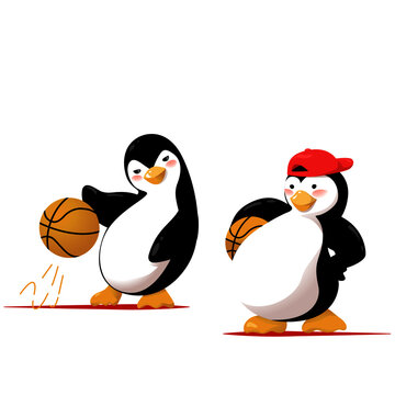 Cartoon penguins play basketball outdoors. Vector illustration isolated on white background.