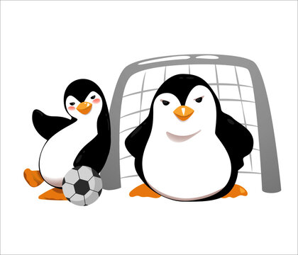 Cartoon penguins play football outside. Vector Illustration.