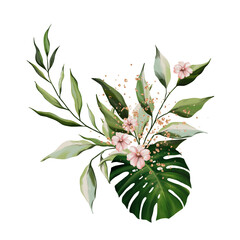 watercolor floral illustration isolated on white background. Bouquet of plants, eucalyptus, olives, trees, branches, gold elements and paint splashes. Hand draw Trendy template