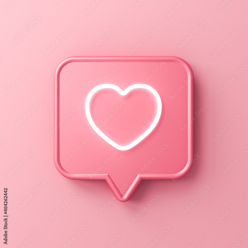 Poster Sweet social media notification neon love like heart icon in pink speech bubble pin isolated on pink pastel color background with shadow minimal conceptual 3D rendering