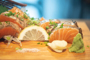 Fresh salmon burn fillet served with wasabi.