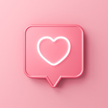 Sweet social media notification neon love like heart icon in pink speech bubble pin isolated on pink pastel color background with shadow minimal conceptual 3D rendering