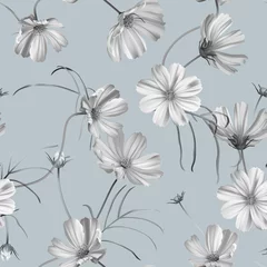 Gordijnen Floral seamless pattern, cosmos flowers with leaves in blue tone © momosama