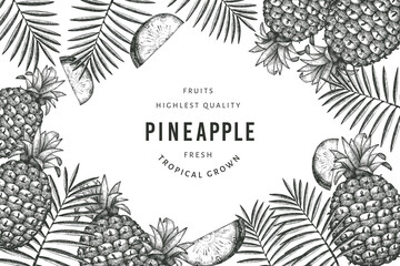 Hand drawn sketch style pineapple banner. Organic fresh fruit vector illustration on white background. Engraved style botanical design template.