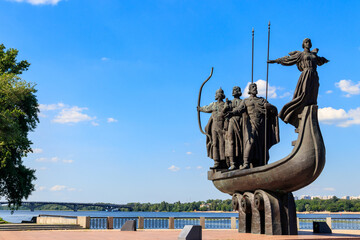 Monument to founders of Kiev on the embankment of the Dnieper river in Kyiv, Ukraine