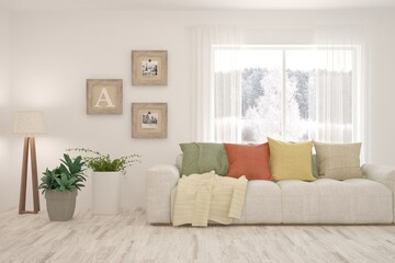 White living room with sofa and winter landscape in window. Scandinavian interior design. 3D illustration