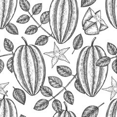 Hand drawn sketch style carambola seamless pattern. Organic fresh fruit vector illustration. Retro fruit background