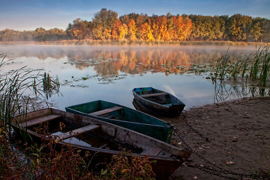 boats on autumn lake