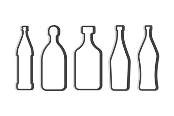 Beer and tequila rum martini vermouth bottle. Linear shape. Simple template. Isolated object. Symbol in thin lines for alcoholic institutions. Dark outline. Flat illustration on white backdrop