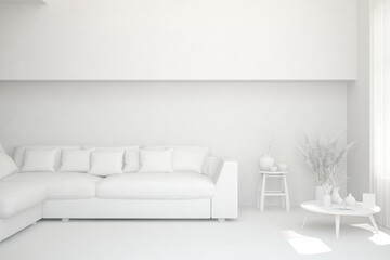 White minimalist living room with sofa. Scandinavian interior design. 3D illustration