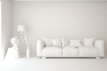 White minimalist living room with sofa. Scandinavian interior design. 3D illustration