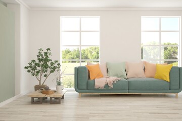 White living room with sofa and summer landscape in window. Scandinavian interior design. 3D illustration