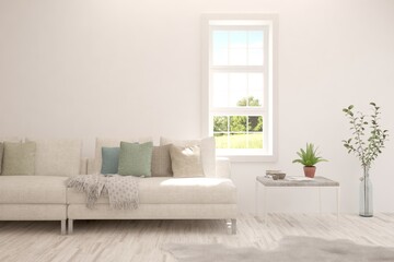 White living room with sofa and summer landscape in window. Scandinavian interior design. 3D illustration