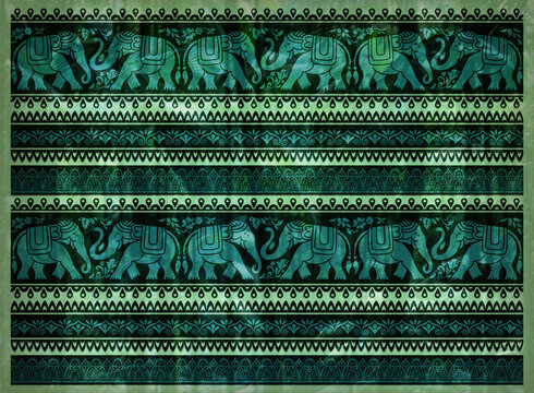 Decorative Elephants, Flowers And Borders. Southeast Asian, African Style. Seamless Pattern On Colored Paper. 