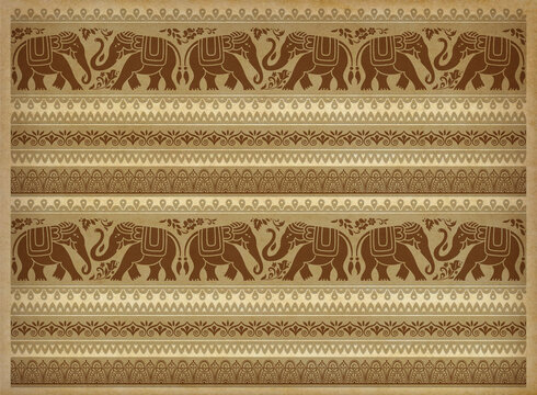 Decorative Elephants, Flowers And Borders. Southeast Asian, African Style. Seamless Pattern On Aged Parchment Backdrop.