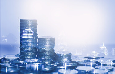 row of coin stack with double exposure night city background for financial banking and saving money and business stock investment concept.