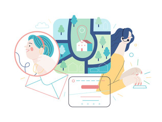 Medical insurance - clinic contacts -modern flat vector concept digital illustration of contact details -direction, map, email, phone, contact form, call operator. Medical help, part of insurance plan