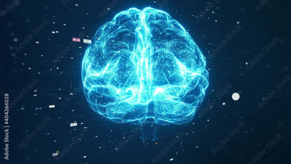 Poster technology artificial intelligence (ai) brain animation digital data concept. big data flow analysis