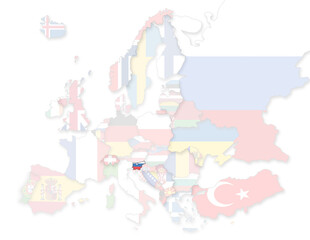 3D Europakarte auf der Slowenien hervorgehoben wird und die restlichen Flaggen transparent sind