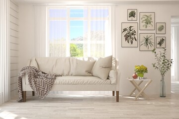 White living room with sofa and summer landscape in window. Scandinavian interior design. 3D illustration