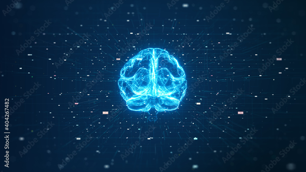 Poster technology artificial intelligence (ai) brain animation digital data concept. big data flow analysis
