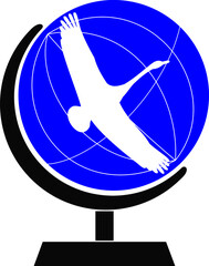 A white swan flies on a blue globe. Vector logo for the World Day of Migratory Birds.