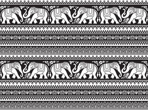 Seamless pattern with decorative elephants, flowers and borders. Black and white. Southeast Asian, African style.