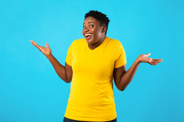 Funny Clueless Oversized Black Lady Shrugging Shoulders Over Blue Background