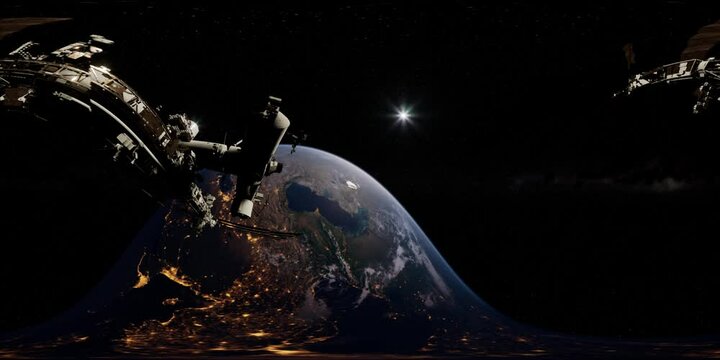 Timelapse ISS in virtual reality 360 degree video. International Space Station Orbiting Earth. Elements of this image furnished by NASA