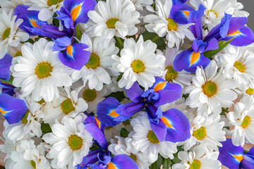 Bouquet of chrysanthemum and irises flowers top view