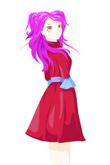 Anime girl with purple hair, eyes brown used red outfit under the tree and white background
