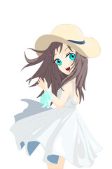 Obraz na płótnie Canvas Anime girl brown long hair using white dress and yellow hat at summer