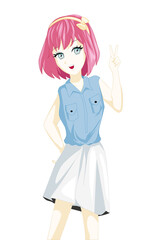 Anime girl pink hair with two finger girl summer