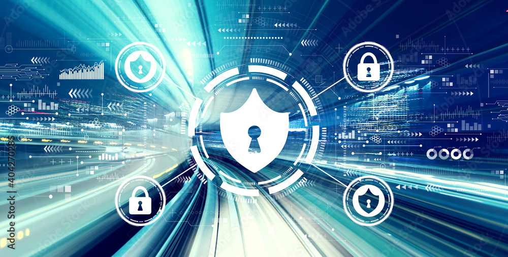 Poster cyber security theme with abstract high speed technology pov motion blur