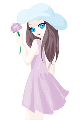 Girl used blue hat summer, pink dress and hold on the pink flower in her left hand