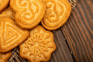 Delicious homemade cookies on a wooden table. Close-up selective focus.