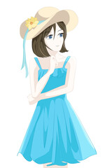 girls anime girl summer using blue dress and yellow hat