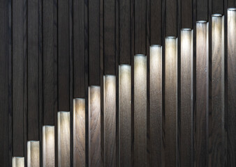 LED spotlights embedded in a decorative wooden panel. Wooden panel with LED lighting.