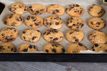 Freshly baked cookies with chocolade chips on baking tray