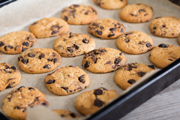 Freshly baked cookies with chocolade chips on baking tray