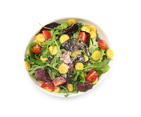 Delicious fresh carrot salad with tomatoes and arugula isolated on white, top view