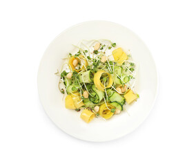 Delicious fresh carrot salad with cucumber isolated on white, top view