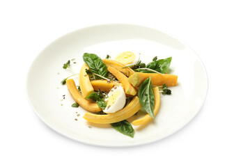 Delicious fresh carrot salad with basil and egg isolated on white