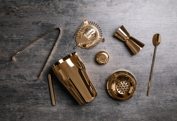 Set of bartender tools on grey table. Cooking utensils